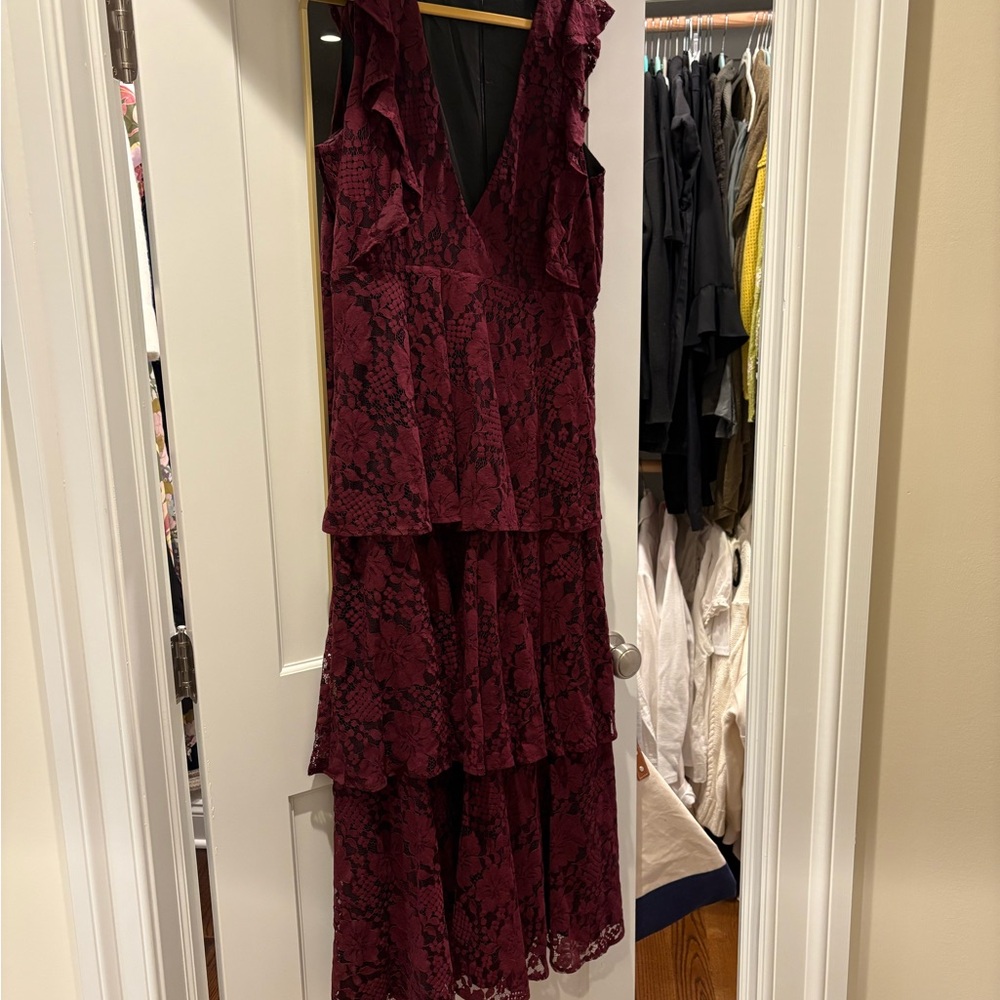 Lulus Burgundy Lace Ruffled Tiered Sleeveless Maxi Dress - Picture 2 of 7